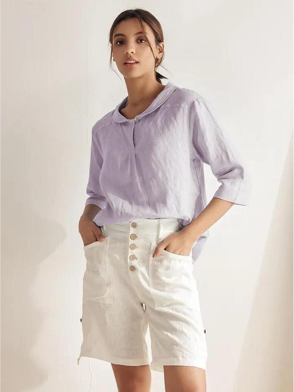 Lintico Linen Top V-Neck Half Sleeve Violette Sz S EUC - Picture 3 of 15